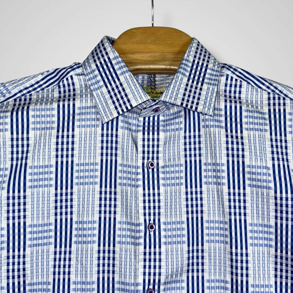 Robert Graham Shirt Mens XL Blue Plaid Check Long Sleeve Funky Crazy Flip Cuff - Picture 9 of 14